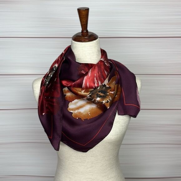 Ellen Tracy Silk Scarf Plum Color Poppy Flowers Print - Picture 6 of 11